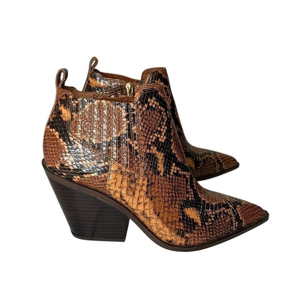 Franco Sarton Snakeskin Ankle Boots Pointed Toe Western Style Heel Brown